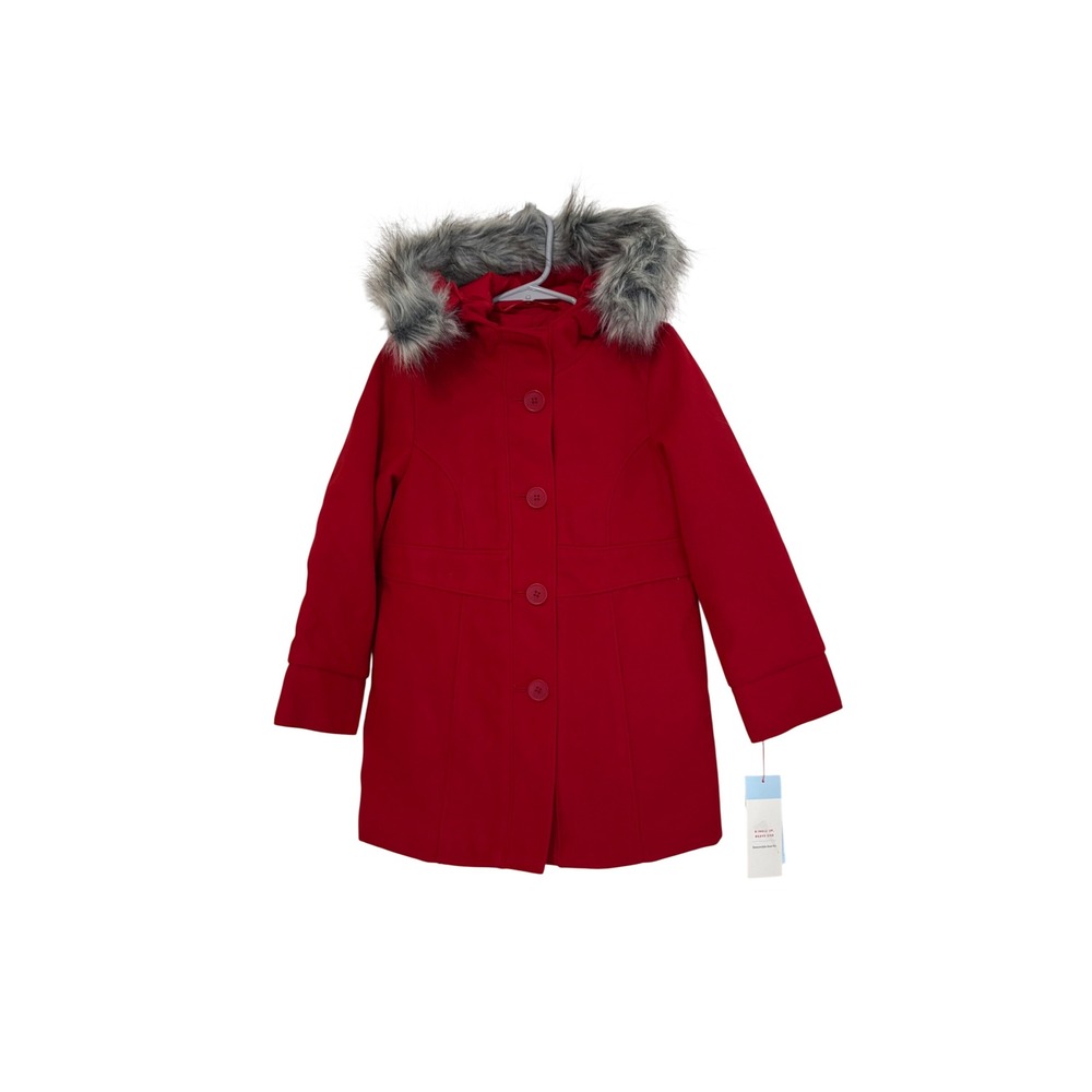 Cat & Jack Girls Red Hooded Peacoat Removable Faux Fur Trim XS 4-5 NWT